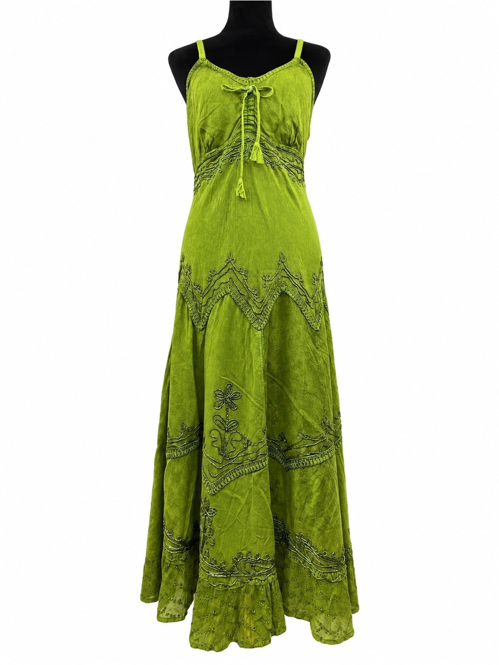 Sakkas Boho Green Embroidered Tonal Patchwork Maxi Dress Size S/M
